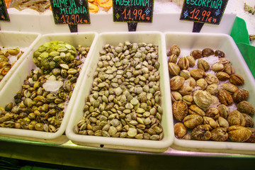 trays with clams and mussels at the supermarket