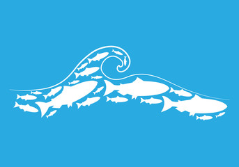 Set silhouettes of groups of sea fishes. Colony of small fish. Icon with river taxers. - Vector,whale in the sea