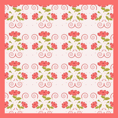Gentle cute scarf pattern of flowers in trendy coral color on the beige background.Vector illustration