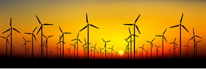 Vector Wind Power Turbines Silhouettes on Sunset Background