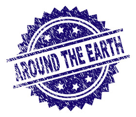 AROUND THE EARTH stamp seal watermark with distress style. Blue vector rubber print of AROUND THE EARTH title with corroded texture.