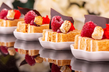 Marshmelou caramelized on raspberry cake