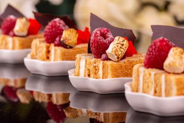  Malines in icing sugar on cake Napoleon with cream and chocolate