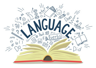 Language. Open book with language hand drawn doodles and lettering on white background. Education vector illustration.