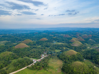 Aerial drone view of the Chocolate Hills on the island of Bohol, Philippines.