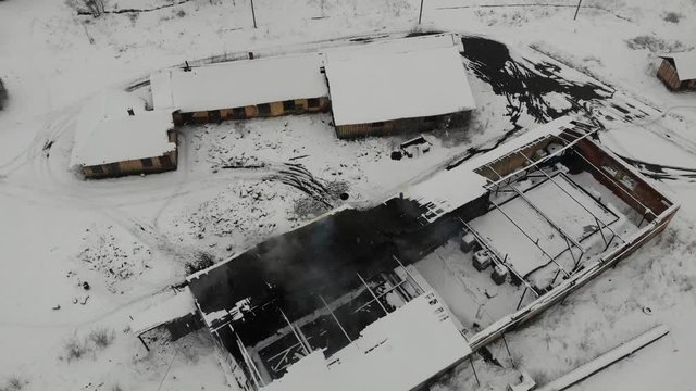 Aerial view of old saltworks factory in Drohobych, Ukraine. Abandoned condition of salt factory. Smooth climb up