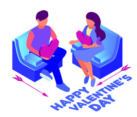 Couple on a romantic date. Meeting of two close loving people in romantic relationships. Heart in hand. Vector isometric flat  cartoon illustration on white background