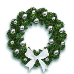 Christmas, New Year. Blue fir branches in the shape of a Christmas wreath with balls and a white bow. On a white background with a shadow. illustration