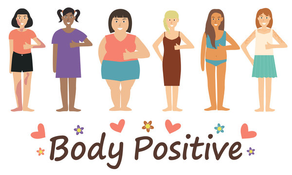 Multiracial women of different figure type and size dressed in comfort wear standing in row. Female cartoon characters. Body positive movement and beauty diversity. Vector illustration