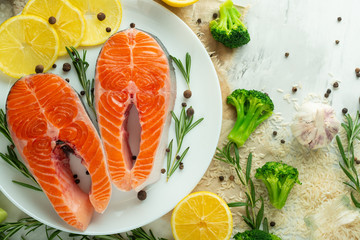 Delicious fresh fish steaks, salmon, trout. With vegetables, deli, vegan food, diet and Dotex