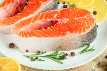 Delicious fresh fish steaks, salmon, trout. With vegetables, deli, vegan food, diet and Dotex