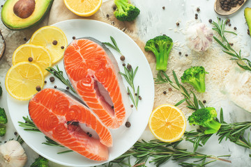 Fresh fish, salmon steaks with vegetables. Flat-lay. Top view, tasty and healthy food