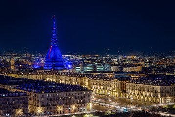 Night view of Torino (Turin) city center and the Mole Antonelliana illuminated for Christmas, Italy