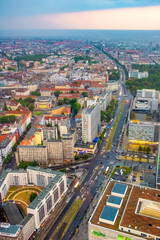 Berlin, Germany - Panoramic view of the central, north and east districts of Berlin along the Karl Liebknecht Strasse street