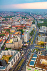 Fototapeta premium Berlin, Germany - Panoramic view of the central, north and east districts of Berlin along the Karl Liebknecht Strasse street