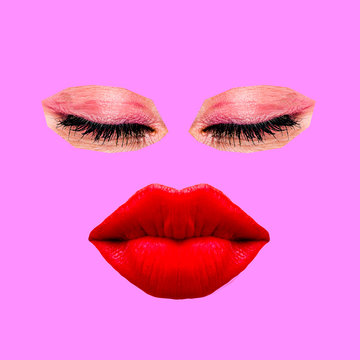 Naklejki Minimal art collage. Emotions lips and eyes. Fun art