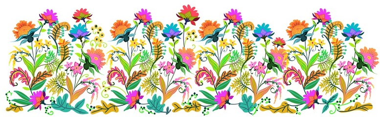 hand drawn botanical floral border in folk art style wide seamless repeating pattern banner header wallpaper