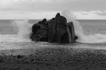 Fale na skale na kamiennym wybrzeżu. Plaża Praia Formosa w Funchal, Portugalia - 239569177