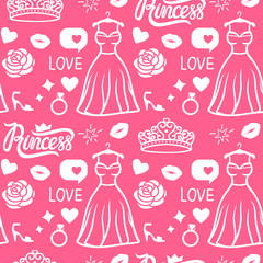 Vector Seamless pattern Princess style. Hand drawing dress with diadem, inscription, rose, kiss and shoe. Pink Girly surface design .