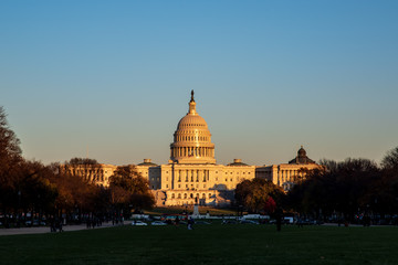 Fototapeta na wymiar The Capitol Building glows in the Golden Hour sunlight
