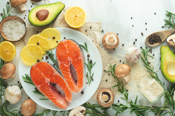 Fresh fish, salmon steaks with vegetables. Flat-lay. Top view, tasty and healthy food