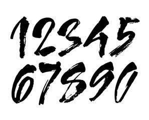 set of calligraphic acrylic or ink numbers. ABC for your design, brush lettering on a black background