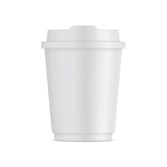 Small paper coffee cup with lid isolated on white background - front view. Takeaway coffe package mock up. Vector illustration