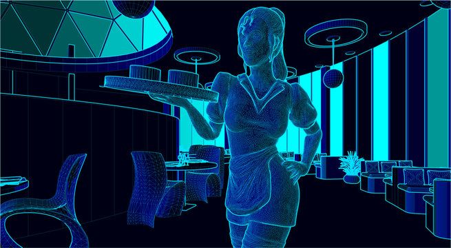 illustration of a waitress carrying a tray in a restaurant in wire frame style