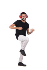 playing with a fake guitar