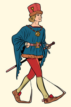Poulaines worn, medieval man 15th century