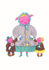 cute pig with children