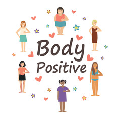 Multiracial women of different figure type and size dressed in comfort wear. Female cartoon characters with text. Body positive movement and beauty diversity. Vector illustration