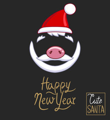 Santa Claus hat, piggy nose, beard and mustache with the inscription Happy New Year. On a dark background. Hand drawn style vector design for illustration