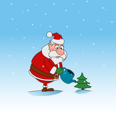 Cartoon Santa Claus is watering a Christmas tree.