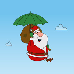 Cartoon Santa Claus comes down on an umbrella with gifts.