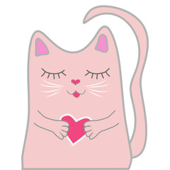 Funny pink cat closed his eyes and holds a heart in his paws. Cute girl concept