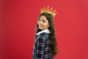 Lady little princess. Girl wear crown red background. Spoiled child concept. Egocentric princess. World spinning around me. Kid wear golden crown symbol princess. Every girl dreaming become princess