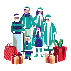 family with winter clothes and christmas gift box