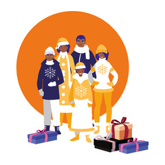 family with winter clothes and christmas gift box