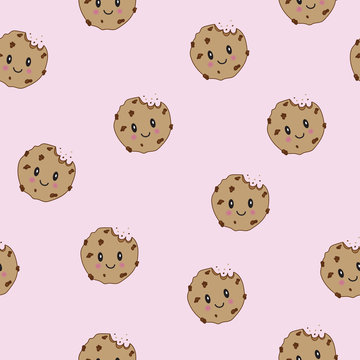 Vector Cute happy smiling chocolate chip cookies.seamless pattern background. Vector flat cartoon iluustration icon design. Isolated on pink background. Freshly baked choco cookies concept
