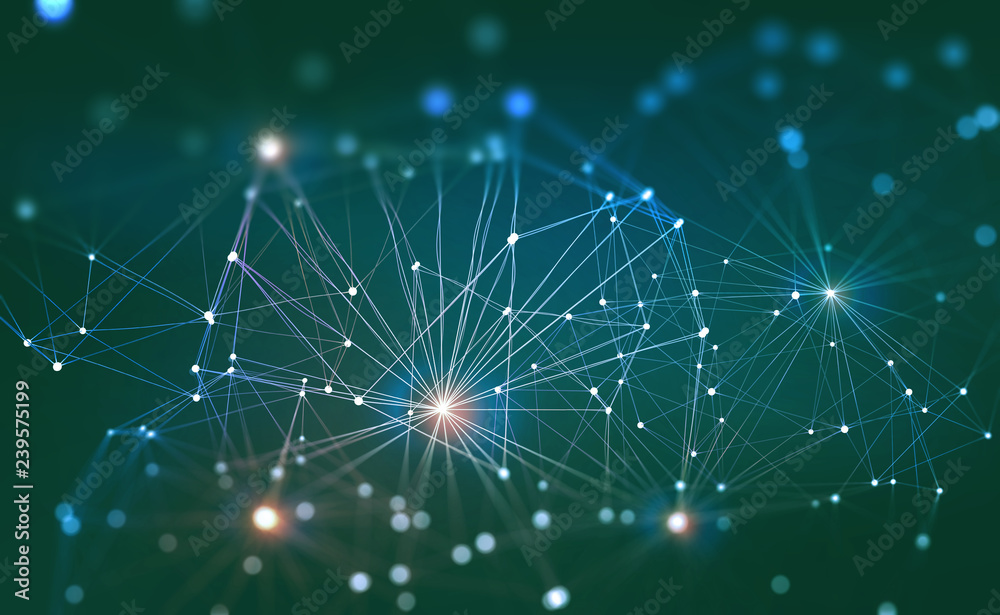 Poster Artificial intelligence. Digital neural network based on the human brain. Computer mind of the future. 3D illustration of a polygonal mesh with bright flashes