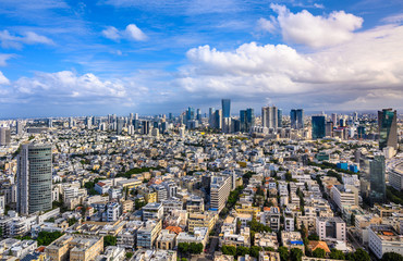 Aerial  view of  old Tel Aviv buildings over Sarona and boulevard Rothschild skyscrapers.