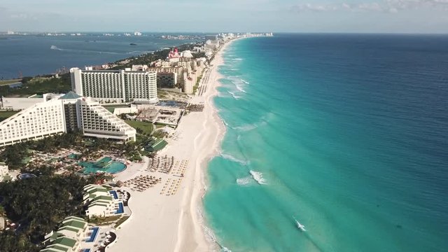 Aerial view of Caribbean Sea beach. Top view aerial video of beauty nature landscape with tropical beach. Cancun, Mexico