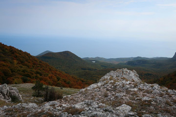 Fototapeta na wymiar Black Sea coast scenic view from top of Crimean Mountains near Alushta, Russia