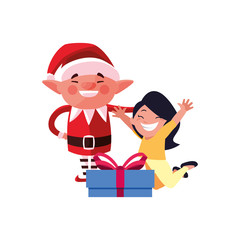 christmas elf with girl and gift