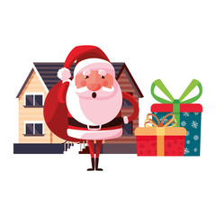 christmas santa claus with bag gifts house