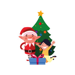 christmas elf with girl gift tree