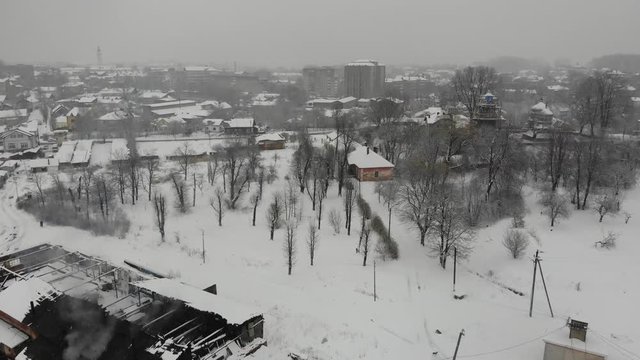 Aerial view of abandoned saltmaking factory in Drohobych. Smooth flight straight ahead, 4k
