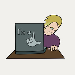 Distressed man sitting at laptop vector illustration