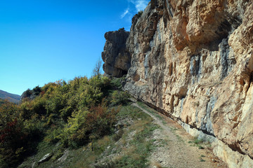 Sharp cliffs of mountains of South Coast of Crimea near Yalta, Russia